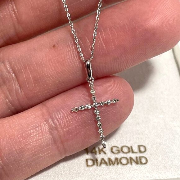 Jewelry - 14K White Gold and Real Diamonds Cross Pendant Necklace Real Pave Diamonds